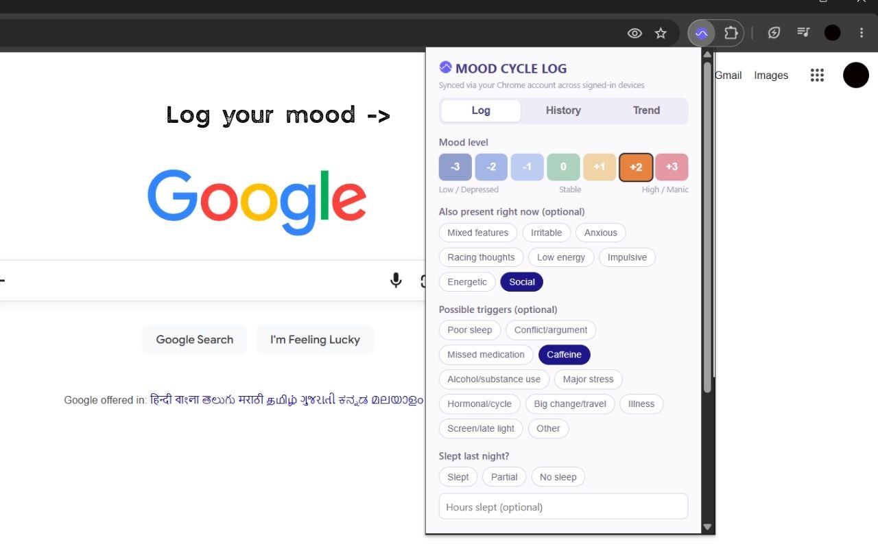 Mood Cycle Log mood logging screen